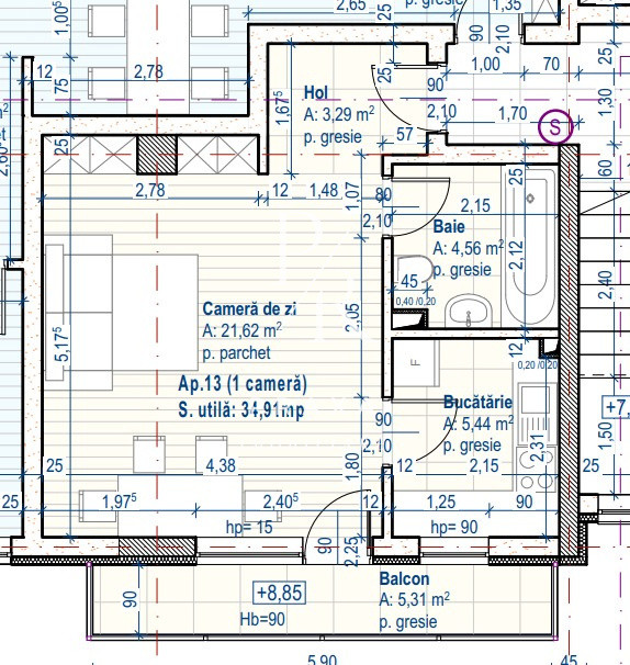 Apartament de 1 camera, decomandat , 35 MP,semifinisat, Floresti 